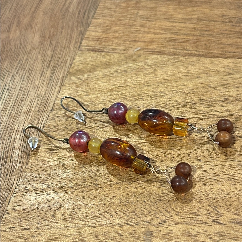 Beaded Vintage Dangle Earrings with Amber and Brown Tones Natural Casual
